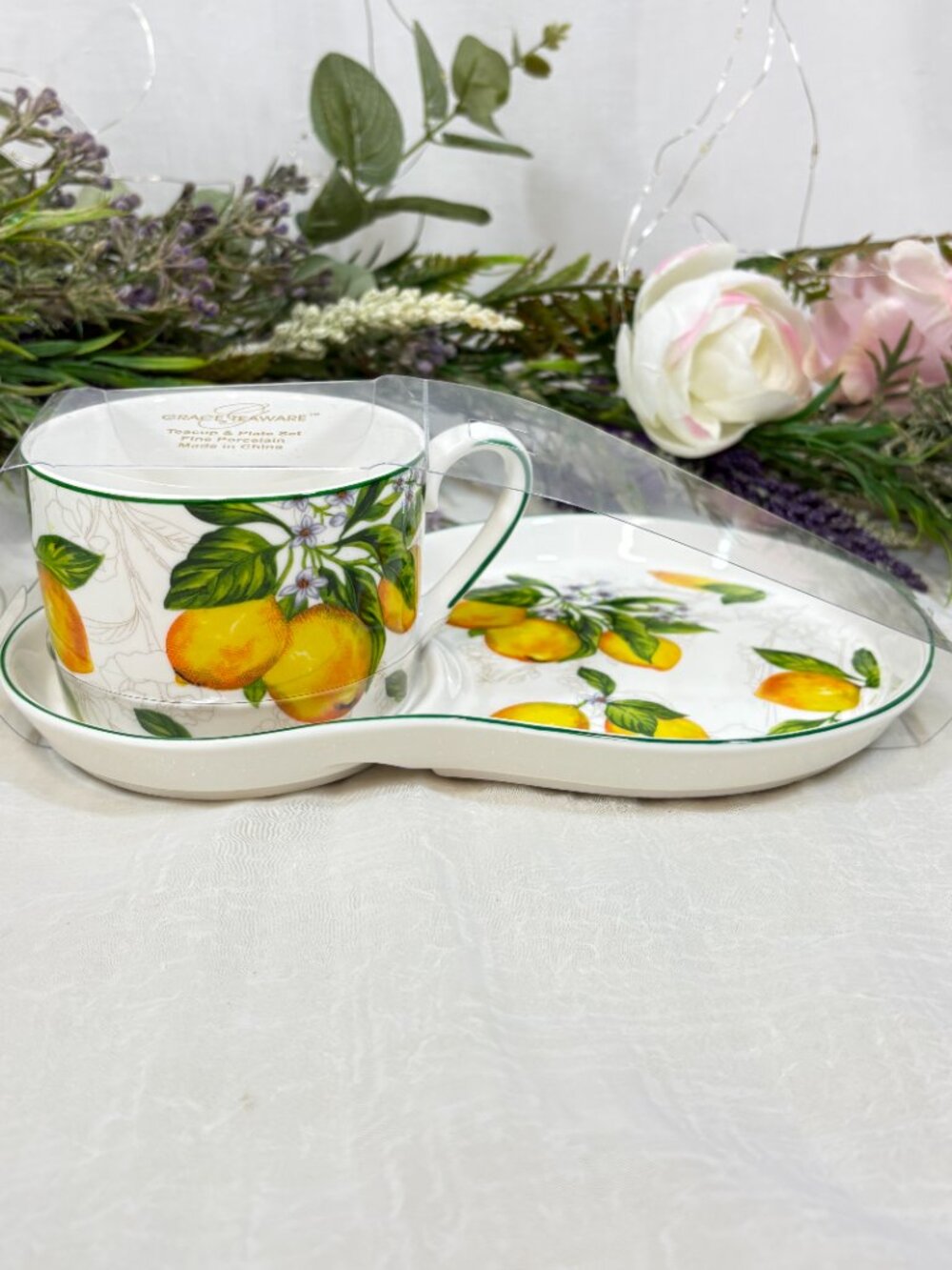 Grace Teaware Fine Porcelain Snack Plate & Tea Cup Tuscan Lemon Toile 2PC Set